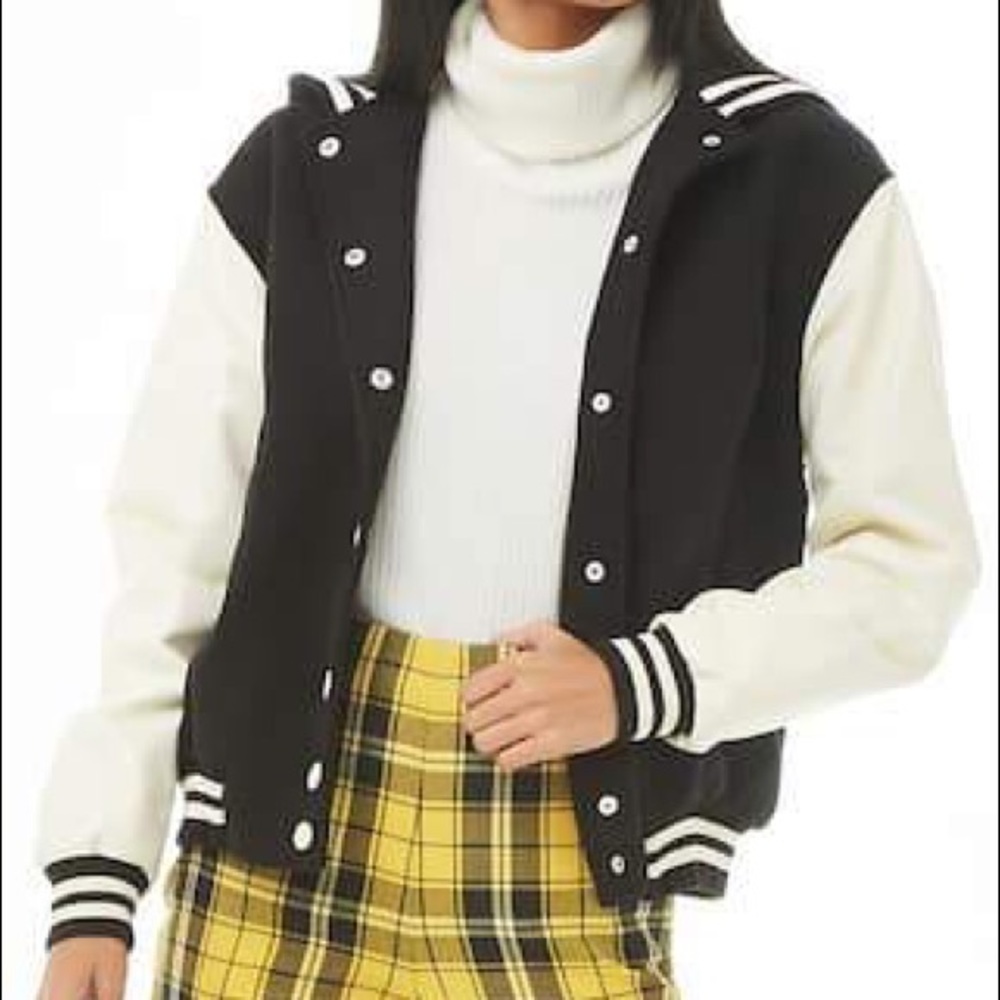 FOREVER 21 Hooded Varsity Leather Faux Jacket, S